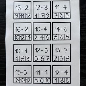 以下が含まれることがあります： 黒い枠で囲まれた12個の正方形のグリッドが印刷された白い紙。各正方形の上部には引き算の問題があり、その下に3つの数字が個別のセルに記載されている。記載されている問題は、13-2、12-3、11-4、16-2、10-4、14-8、10-1、12-5、13-7、15-5、11-1、12-4である。