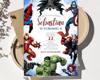 Invitation d'anniversaire super-héros modifiable, Invitation pour une fête d'anniversaire super-héros, Invitation d'anniversaire imprimable Avengers pour enfants, Invitation numérique