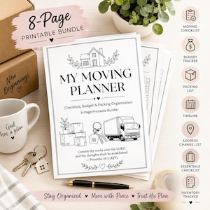 May include: An 8-page printable moving planner bundle featuring a house illustration, a moving truck, keys, and the text My Moving Planner, Checklists, Budget & Packing Organization, and Proverbs 16:3. Includes icons for checklists, budget, and inventory.