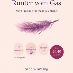 May include: A digital document cover titled Runter vom Gas with the subtitle Dein Miniguide für mehr Leichtigkeit. It features a purple feather graphic, icons for a 10-page PDF, a singing bowl, daily rituals, and the author name Sandra Anfang.