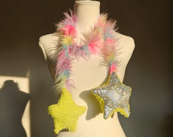 Rainbow Faux Fur Scarf with Holographic Plush Stars for Festivals and Burns