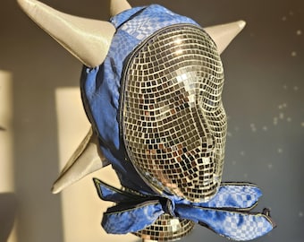 Funky Spike Bonnet in Blue Checker Satin for Festivals, Burning Man