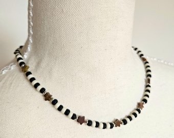 Black and White Beaded Choker with Brown Jasper Stars