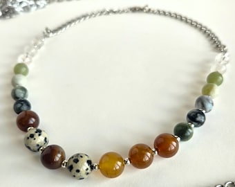 Gemstone and Chain Beaded Necklace with Dalmatian Jasper, Fire Agate, Quartz, and Jade