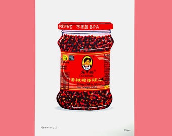 Laoganma Crispy Chili in Oil — RISO Print, A3, 3 colours, hand-drawn
