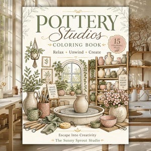 Puede incluir: Un libro para colorear Pottery Studios con 15 páginas. La portada presenta una ilustración de un taller de cerámica con un torno, varios jarrones de cerámica, cuencos, tazas y plantas. El texto incluye "Pottery Studios", "Relax, Unwind, Create", "Clay Hands Happy Heart" y "The Sunny Sprout Studio."