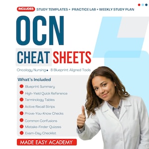 May include: A digital study guide titled OCN CHEAT SHEETS for oncology nursing, featuring 8 blueprint aligned tools including study templates, a practice lab, and a weekly study plan. The text lists components like blueprint summary and quizzes.