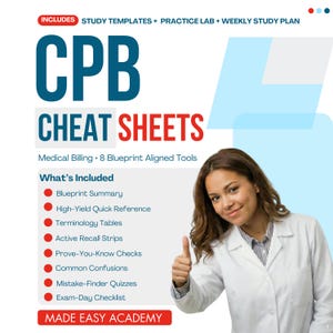 Peut inclure: Une ressource éducative numérique intitulée CPB CHEAT SHEETS pour la facturation médicale, comprenant 8 outils alignés sur le plan, dont des modèles d'étude, un laboratoire de pratique et un plan d'étude hebdomadaire avec des tableaux.