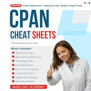 Fuskblad för CPAN-examen, recension av certifierad sjuksköterska efter anestesi, utskrivbar PDF i 8 delar anpassad till ritningar