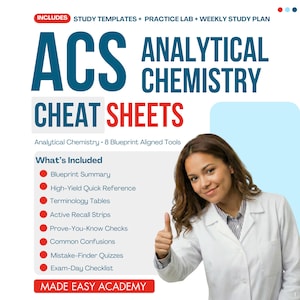 Könnte beinhalten: Eine digitale Bildungsressource mit dem Titel ACS Analytical Chemistry Cheat Sheets, die eine Liste enthaltener Lerntools wie Zusammenfassungen, Schnellreferenzen und Quiz enthält, neben einer Person im weißen Laborkittel mit erhobenem Daumen.