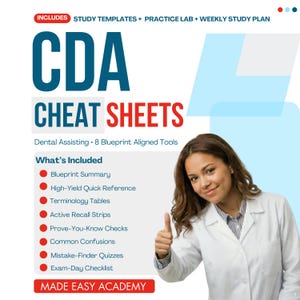 Può includere: Una risorsa educativa digitale intitolata CDA CHEAT SHEETS per l'assistenza odontoiatrica, che presenta 8 strumenti allineati al programma, inclusi modelli di studio, un laboratorio di pratica e un piano di studio settimanale. Il testo elenca componenti come riepilogo del programma, riferimento rapido, tabelle terminologiche, strisce di richiamo attivo, verifiche, confusioni comuni, quiz e una lista di controllo per il giorno dell'esame.