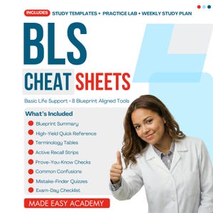 Könnte beinhalten: Eine digitale Bildungsgrafik mit dem Titel BLS CHEAT SHEETS, Basic Life Support, 8 Blueprint Aligned Tools. Sie listet Lernmaterialien auf, darunter eine Blueprint-Zusammenfassung, Schnellreferenz, Terminologietabellen und eine Checkliste.