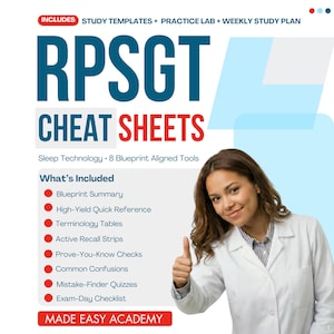 May include: RPSGT Cheat Sheets educational materials featuring study templates, a practice lab, and a weekly study plan. The text lists a blueprint summary, quick reference, terminology tables, recall strips, checks, and quizzes by Made Easy Academy.