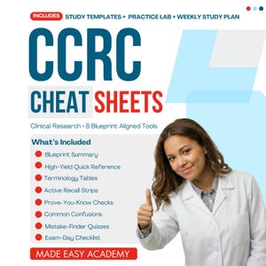 May include: A digital study guide titled CCRC CHEAT SHEETS with the subtitle Clinical Research 8 Blueprint Aligned Tools. It lists eight included items like Blueprint Summary and Exam-Day Checklist, featuring a person in a white lab coat.