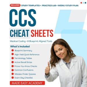 May include: A digital study guide titled CCS CHEAT SHEETS for medical coding, featuring 8 blueprint aligned tools including study templates, a practice lab, and a weekly study plan. The text lists components like blueprint summary and quizzes.