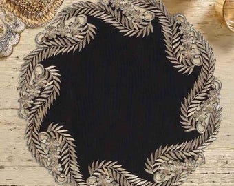 Black Gold Embroidered Doilies, Rustic Floral Linen Table Mats, Vintage Lace Accent