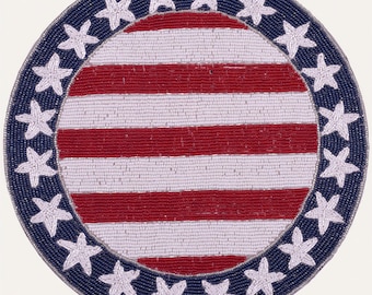 USA Flag Beaded Placemats Set, Round Patriotic Table Mats, Satin Backed American Flag Decor, July 4th Dining Tablescape, Memorial Day Gift
