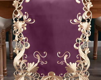 Petal Amethyst Embroidered Table Runner, European Floral Design, Polyester Dining Decor