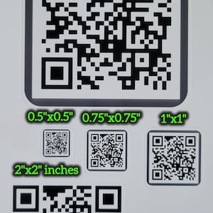 May include: A collection of five square black and white QR code stickers in various sizes. The labels are labeled with their dimensions: 3x3 inches, 0.5x0.5 inches, 0.75x0.75 inches, 1x1 inches, and 2x2 inches. Each sticker features a unique pixelated pattern.