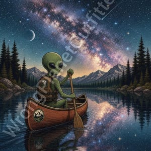 May include: A green alien wearing a brown life vest paddles a wooden canoe on a calm lake at night. The scene features a starry sky with a visible Milky Way, a crescent moon, and mountain silhouettes. The text Wrong Planet Outfitters is present.
