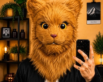 Furry Cat Head Mask · Full Head Animal Costume · Moving Jaw Faux Fur · Halloween Cosplay