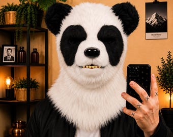 Panda Head Mask Full Head · Moving Jaw Animal · Faux Fur Costume Headpiece