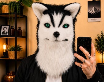 Husky Fursuit Head · Moving Jaw Animal Mask · Realistic Faux Fur Cosplay · Halloween Wolf Dog