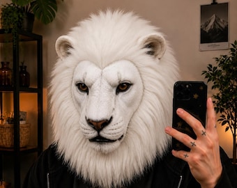 White Lion Mask Head · Realistic Animal Cosplay · Halloween Carnival Furry Mask