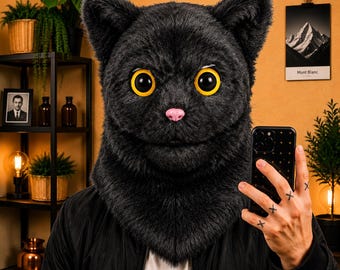 Black Cat Full Head Mask · Moving Jaw · Faux Fur Animal Costume · Fursuit Cosplay