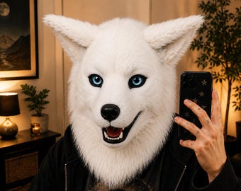 White Wolf Fursuit Head • Realistic Arctic Fox Mask, Open Jaw Cosplay