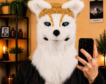Husky Fursuit Head · Moving Jaw Animal Mask · Faux Fur Dog Costume · Furry Halloween Cosplay