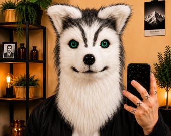 Husky Dog Mask Moving Jaw · Realistic Faux Fur Animal Head · Fursuit Cosplay · Halloween Furry