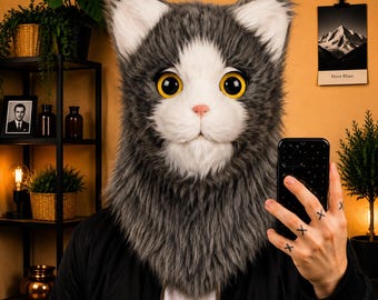 Realistic Cat Fursuit Head Mask • Moving Jaw Faux Fur Animal Costume