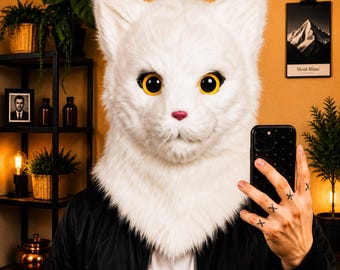 Cat Animal Mask Moving Jaw · Full Head Furry Costume · Faux Fur Halloween Cosplay Mask