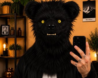 Bear Animal Mask Moving Jaw · Realistic Faux Fur Costume Head · Creepy Halloween Furry Mask