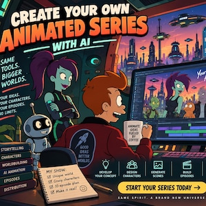 May include: A digital illustration showing a person at a computer creating an animated series. The screen displays characters and episode lists. Text includes CREATE YOUR OWN ANIMATED SERIES WITH AI, SAME TOOLS. BIGGER WORLDS, and START YOUR SERIES TODAY.