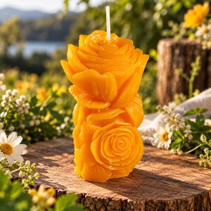 May include: A bright orange pillar candle moulded into the shape of stacked roses. The wax surface features detailed, layered petals forming two distinct flower heads, one at the top and one at the bottom, with a single white wick protruding from the centre.