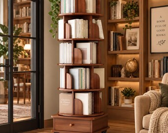 Rotating Bookshelf 5 Tier Bookcase with Drawer & Wheels, 360 Spinning Book Shelf, Revolving Book Tower, Space Saving Book Storage