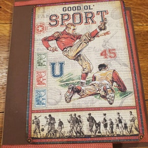 May include: Vintage illustration of a football game with two players in action. The player on the left is kicking the ball while the player on the right is trying to tackle him. The illustration is surrounded by text and images related to sports.