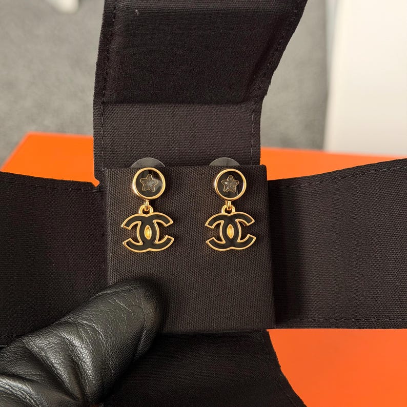 Vintage Chanel CC Drop Earrings Gold Tone Black Enamel image 1