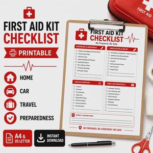 Puede incluir: Una lista de verificación imprimible para botiquín de primeros auxilios en un portapapeles con un bolígrafo negro y tijeras rojas. El documento incluye secciones para vendajes, medicamentos, herramientas y elementos esenciales con iconos médicos.