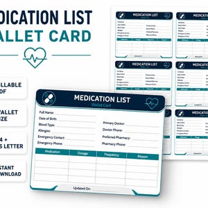 May include: A printable medication list wallet card template featuring a dark blue and teal color scheme. The card includes fields for full name, date of birth, blood type, allergies, emergency contact, doctor information, and a medication table.