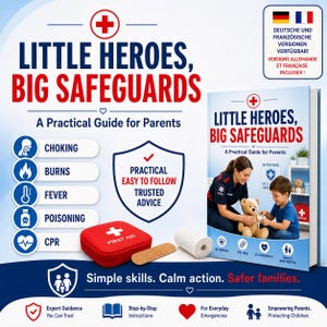 May include: A book titled Little Heroes, Big Safeguards: A Practical Guide for Parents, featuring a red first aid kit, a bandage, and a roll of gauze. The cover shows a person assisting a child with a teddy bear, with text listing topics like choking, burns, fever, poisoning, and CPR.
