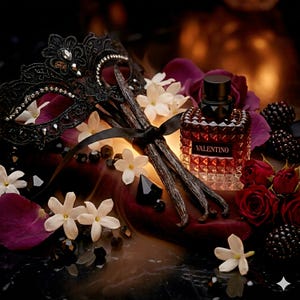 Puede incluir: Un frasco de perfume cuadrado de cristal con un patrón de tachuelas texturizado y la etiqueta VALENTINO, acompañado de una máscara de encaje negro, vainas de vainilla, flores de jazmín blancas, pétalos de rosa roja y moras oscuras.