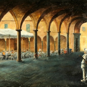 Pulcinella in Pisa, Italian Commedia dell&#39;arte, acrylic on canvas, Italian city life.