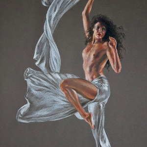 Naken dansare, sensuell kvinnofigur, färgpennateckning, superfint tryck, (6,5x10)