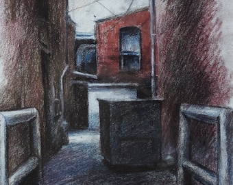 FINE ART, PASTEL Drawing of a courtyard, Behind the Facade, 15"x11.5"