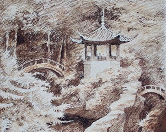 CHINESE GARDEN WATERCOLOR pencil drawing, gazebo, park, bridges, fine framed art, 16.5"x19.5", housewarming gift