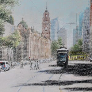 Flinders Street railway station, Melbourne, Australia, colored pencil drawing, 11.25&quot; x 10&quot;