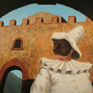 Pulcinella, Italian Commedia dell&#39;arte, acrylic painting, fine framed art, 28&quot;x22&quot;, housewarming gift.